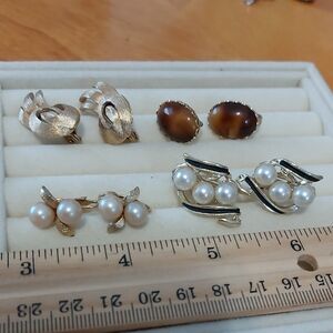 Lot Of 4 Pair Clipon Clip On Earrings Goldtone Monet  Pearl Tiger Eye